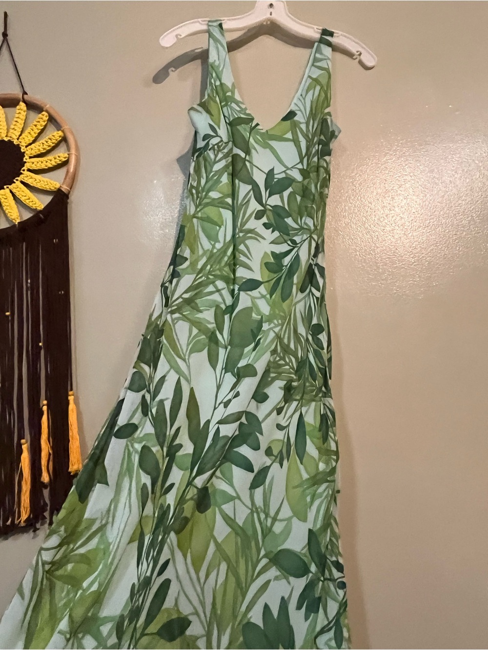 Ann Taylor Y2K 100% Silk Lined Sleeveless Green Leaf Print Maxi Dress Boho 10 - Picture 2 of 11